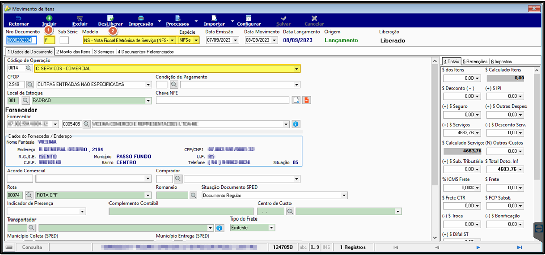 Tela Movimento de Itens com documento NFS-e 00000202334, aba 3 Serviços mostrando serviço 000001 SERV. TERC. com quantidade 1 UN e valor R$ 4.683,76