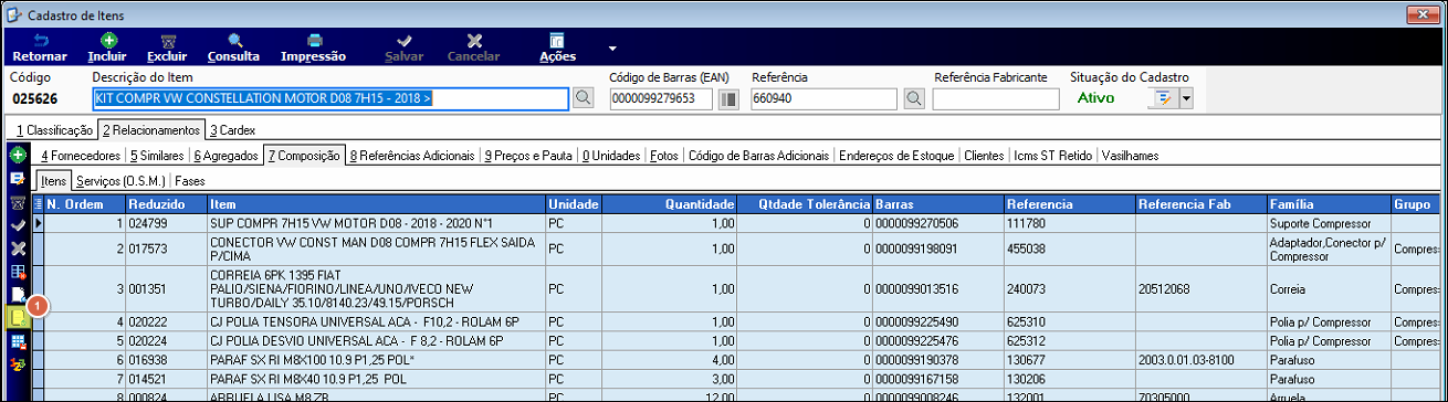 Cadastro de Itens exibindo o item 025626 com a aba Composição selecionada e a lista de componentes do kit, incluindo colunas Reduzido, Item, Unidade, Quantidade e Referência