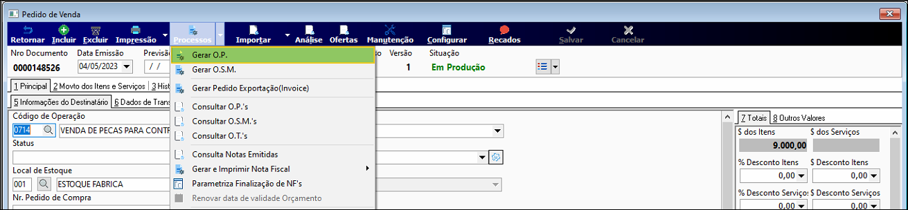 Pedido de Venda número 0000148526 com o menu Processos expandido, destacando a opção Gerar O.P. no topo da lista