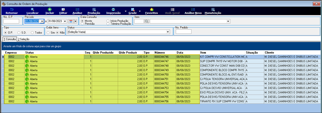 Consulta de Ordens de Produção exibindo a lista de O.P.s geradas, com colunas Situação, Tipo, Data Prevista, Item, Descrição e Cliente
