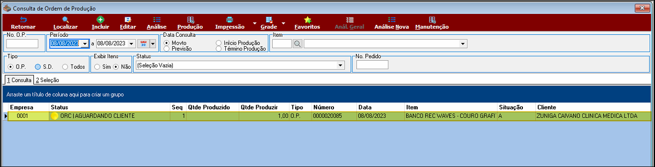 Tela Consulta de Ordem de Produção com filtro por período 08/08/2023 a 08/08/2023; resultado exibindo O.P. da Empresa 0001, Status "ORC | AGUARDANDO CLIENTE", Tipo O.P., Número 0000020085, Data 08/08/2023, Item "BANCO REC WAVES - COURO GRAFI A", Situação sem valor, Cliente ZUNIGA CAIVANO CLINICA MEDICA LTDA