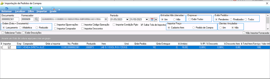 Tela Importação de Pedidos de Compra com pedido 0000002361 listado, exibindo fornecedor, item AB 9 / ISSOL R-9 / C9, quantidade 10,00 KG, valor unitário 10,00 e total 100