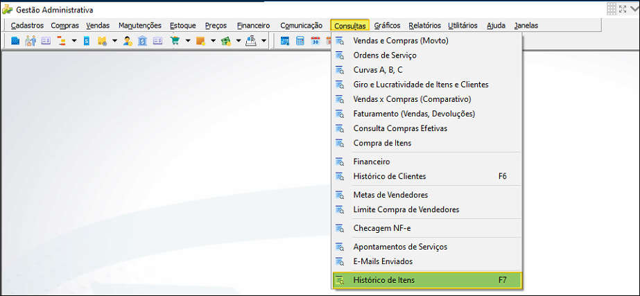 Menu Consultas do Gestão Administrativo com o item "Histórico de Itens" destacado ao final da lista, atalho F7