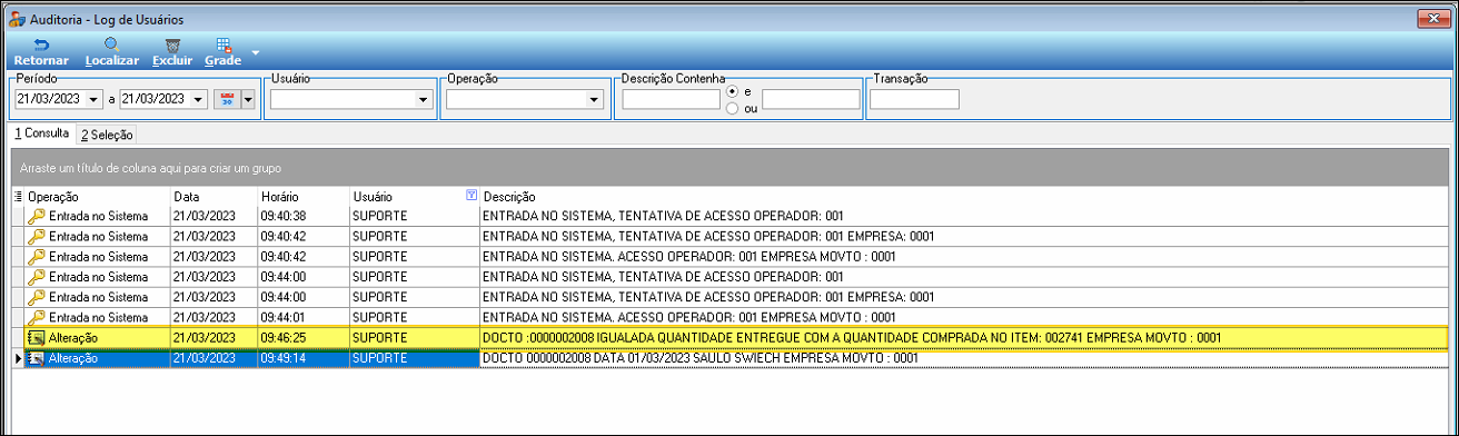 Tela Auditoria - Log de Usuários filtrando o período 21/03/2023 a 21/03/2023, com linha de Alteração destacada em amarelo descrevendo a igualação da quantidade entregue com a comprada no documento 0000002008