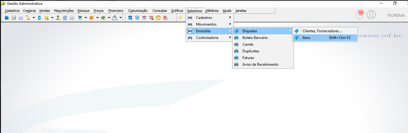 Menu Relatórios expandido mostrando submenu Emissões > Etiquetas com as opções Clientes, Fornecedores e Itens destacada com o atalho Shift+Ctrl+F2