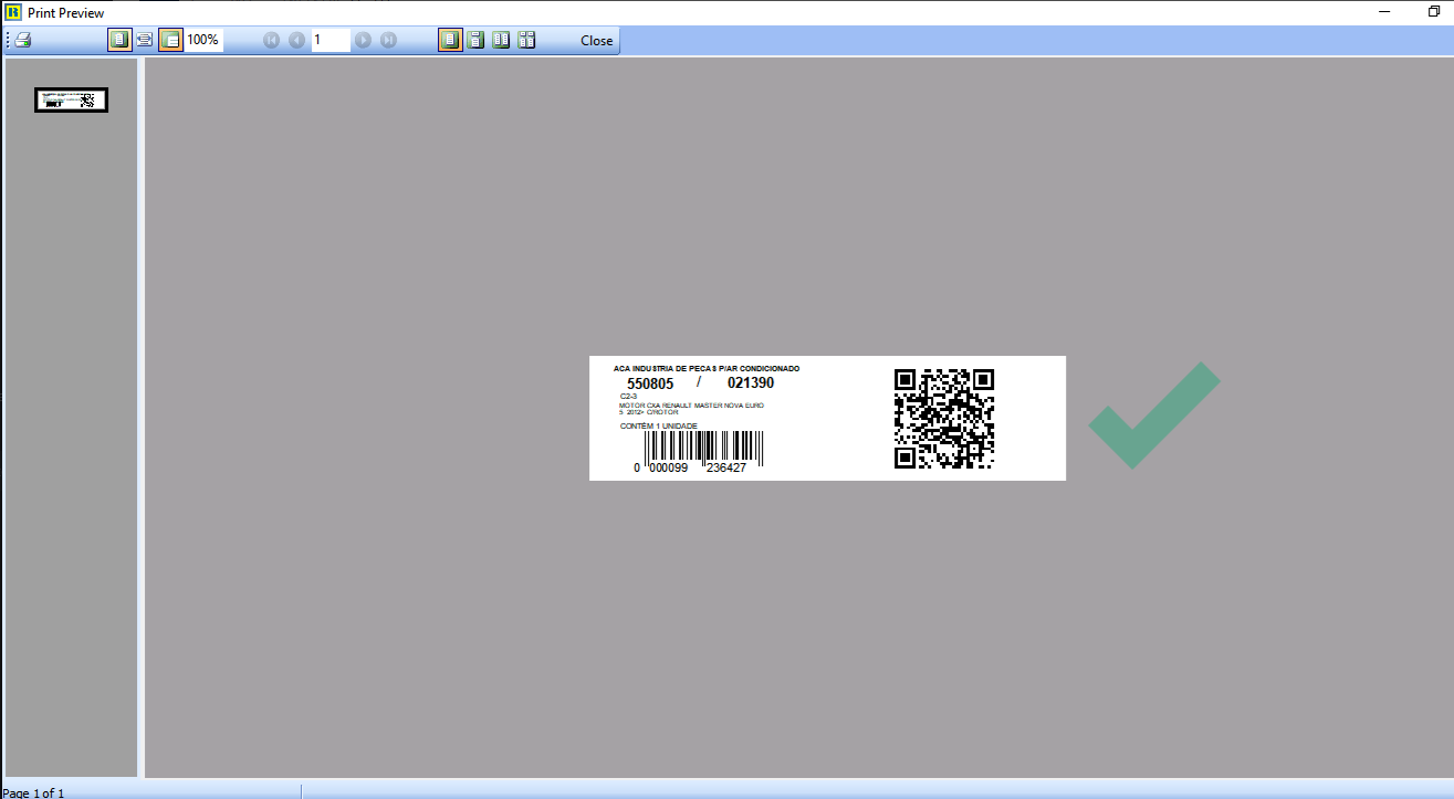 Print Preview exibindo etiqueta com nome da empresa, códigos 550805 e 021390, descrição do item, código de barras linear e QR Code ao lado direito