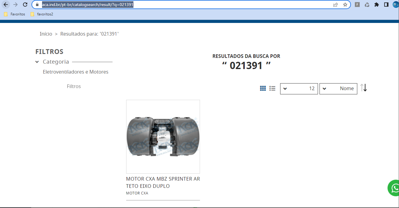 Navegador exibindo site aca.ind.br com resultados da busca pelo código 021391, mostrando o produto Motor CXA MBZ Sprinter Ar Teto Eixo Duplo na categoria Eletroventiladores e Motores