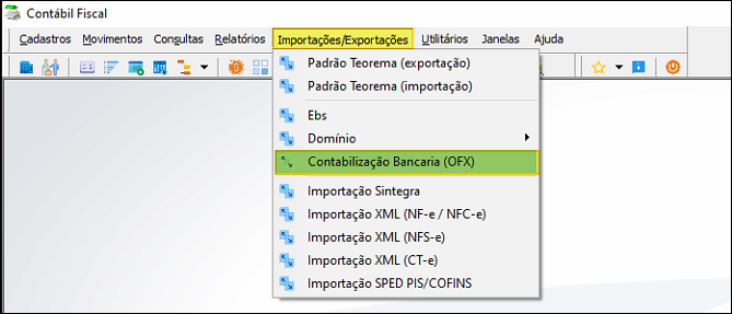 Menu Importações/Exportações com o item Contabilização Bancária (OFX) selecionado, dentro do módulo Contábil Fiscal