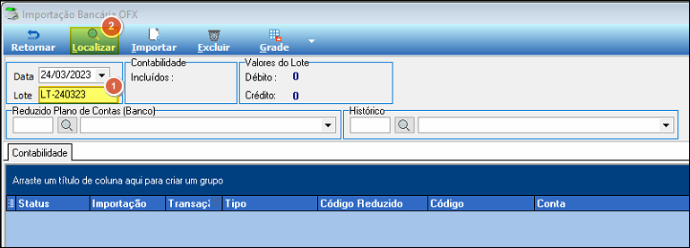 Tela Importação Bancária OFX com campos Data (24/03/2023) e Lote (LT-240323) preenchidos, seção Contabilidade com campo Incluídos, seção Valores do Lote com Débito e Crédito zerados, e grid de lançamentos vazia com colunas Status, Importação, Transação, Tipo, Código Reduzido, Código e Conta
