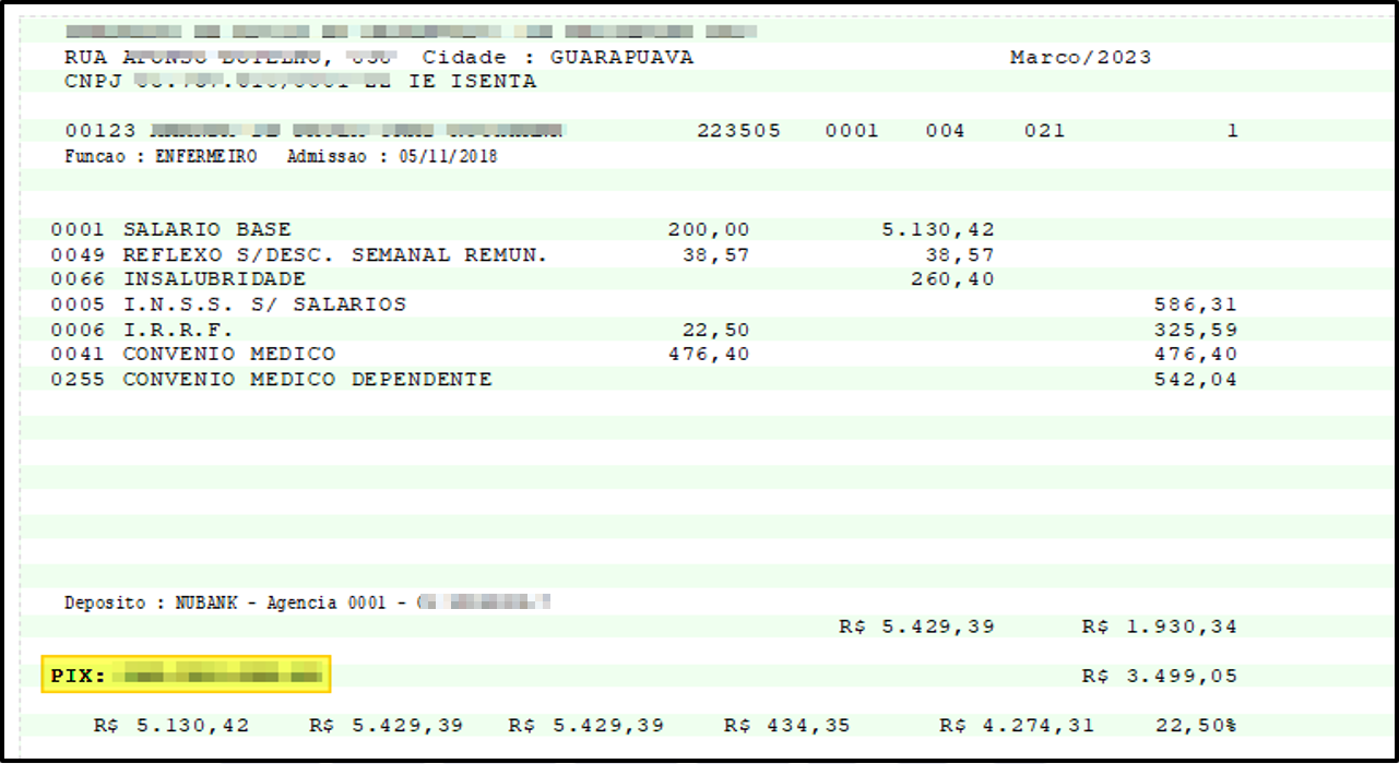 Impressão matricial de holerite exibindo campo PIX destacado abaixo da linha de Depósito, com valor da chave mascarado