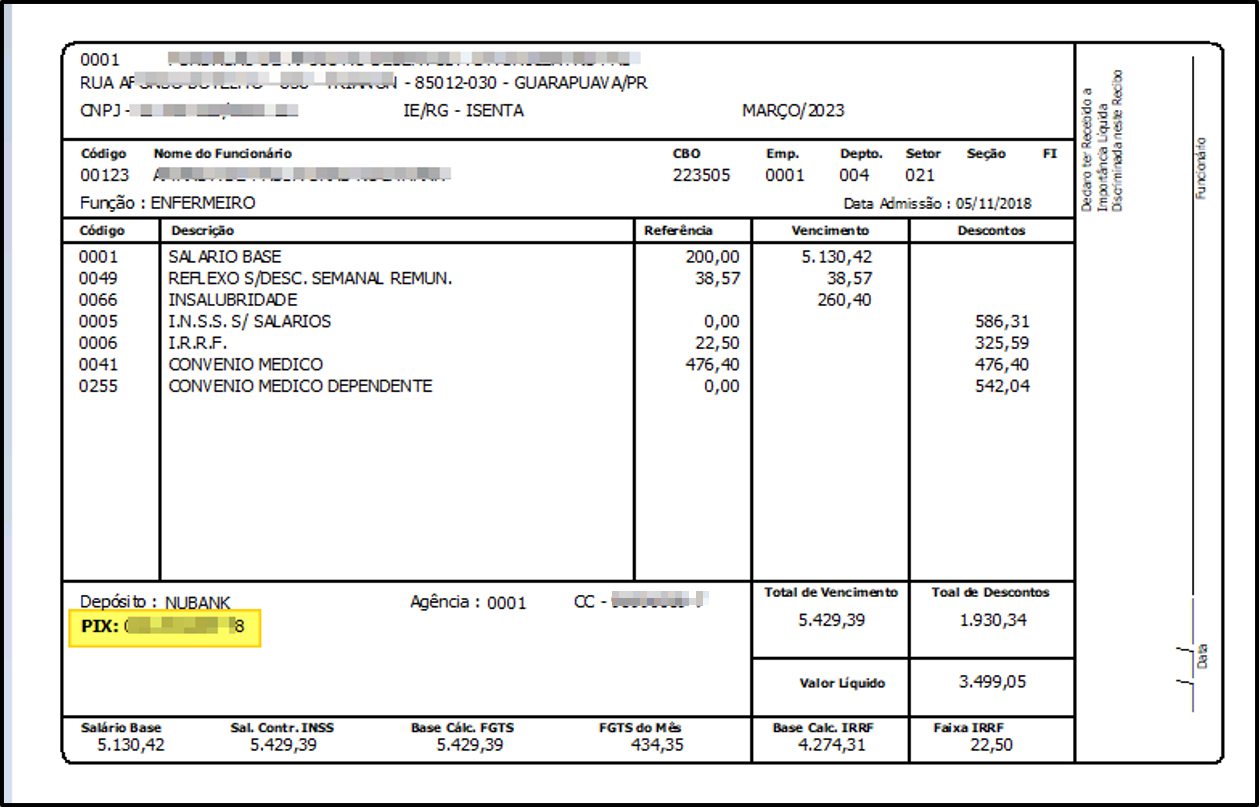 Impressão PDF de holerite exibindo campo PIX destacado na seção de depósito, com valor da chave mascarado; totais de vencimento, desconto e valor líquido visíveis