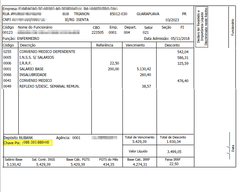 Impressão PDF de holerite em layout alternativo exibindo linha Chave Pix destacada abaixo de Depósito NUBANK e Agência, com valor mascarado; totais de vencimento, desconto e valor líquido visíveis