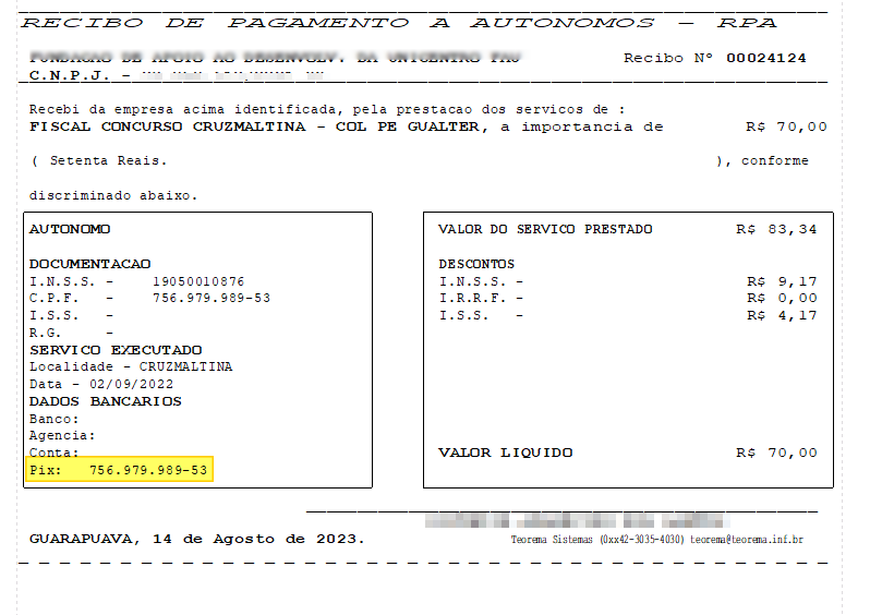 Recibo de Pagamento a Autônomos (RPA) exibindo campo Pix destacado na seção Dados Bancários, junto a Banco, Agência e Conta