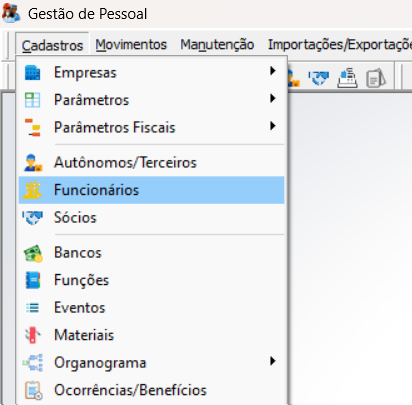 Menu Gestão de Pessoal com o item Cadastros aberto e a opção Funcionários destacada
