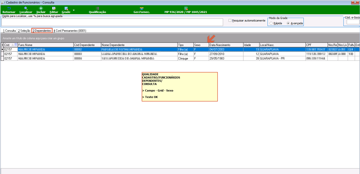 Grade da aba 3 Dependentes exibindo dependentes filtrados, com a coluna Sexo preenchida com o valor F para os registros listados