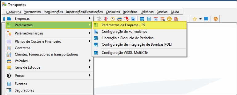 Menu Cadastros > Parâmetros aberto no módulo Transportes, com a opção "Parâmetros da Empresa - F9" destacada