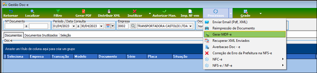 Tela Gestão Doc-e com o menu do botão Processos aberto, mostrando as opções "Enviar Email (Pdf, XML)", "Reimpressão de Documento", "Gerar MDF-e" (destacada), "Recuperar XML Enviados", "Averbaçao Doc - e", "Correção de Erro da Prefeitura na NFS-e", "NFC-e" e "NFS-e / NF-e"