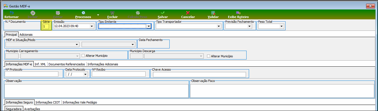 Tela Gestão MDF-e com o campo Série preenchido automaticamente com o valor 1, conforme configurado nos Parâmetros da Empresa
