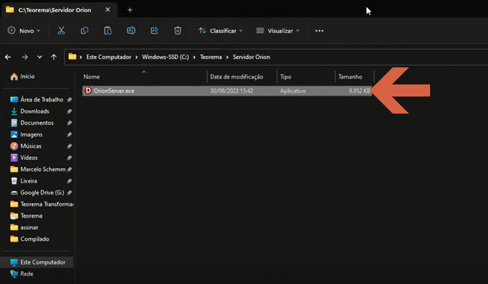 Windows Explorer em C:\Teorema\Servidor Orion exibindo o arquivo OrionServer.exe com tipo Aplicativo e tamanho 9.952 KB