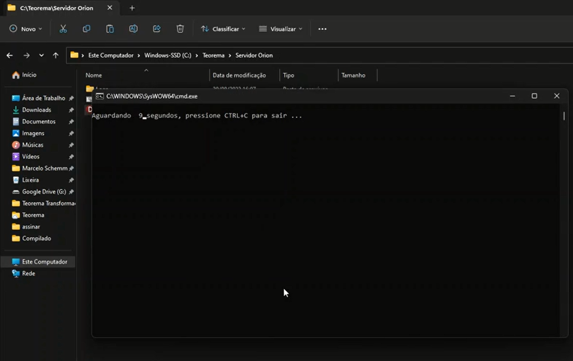 Janela de prompt de comando em C:\Teorema\Servidor Orion exibindo a mensagem "Aguardando 9 segundos, pressione CTRL+C para sair ..." indicando que o serviço está sendo registrado