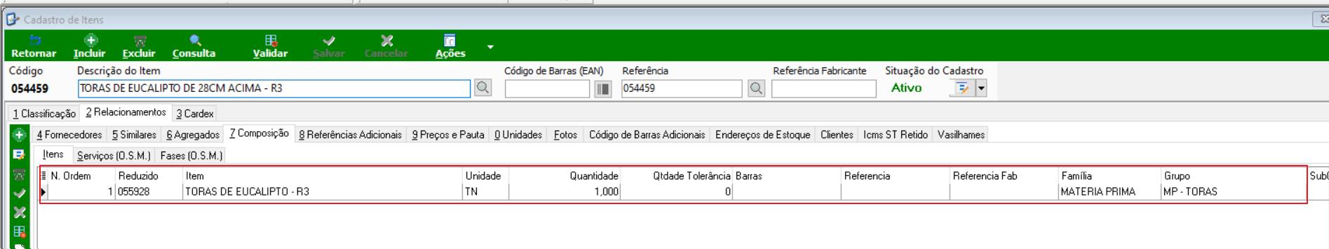 Cadastro de Itens — aba Composição com item filho 055928 (TORAS DE EUCALIPTO - R3) vinculado ao item mestre 054459