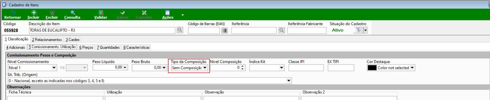 Cadastro de Itens — aba Comissionamento, Utilização do item filho 055928 com Tipo da Composição definido como Sem Composição