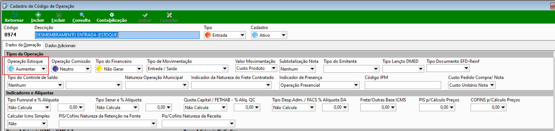 Cadastro de Código de Operação — código 0974 DESMEMBRAMENTO ENTRADA (ESTOQUE) com Operação Estoque Aumentar e Tipo de Movimentação Entrada / Saída