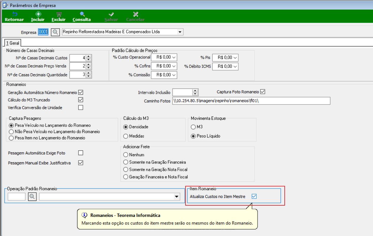 Parâmetros de Empresa — seção Item Romaneio com opção Atualiza Custos no Item Mestre marcada e tooltip explicativo visível
