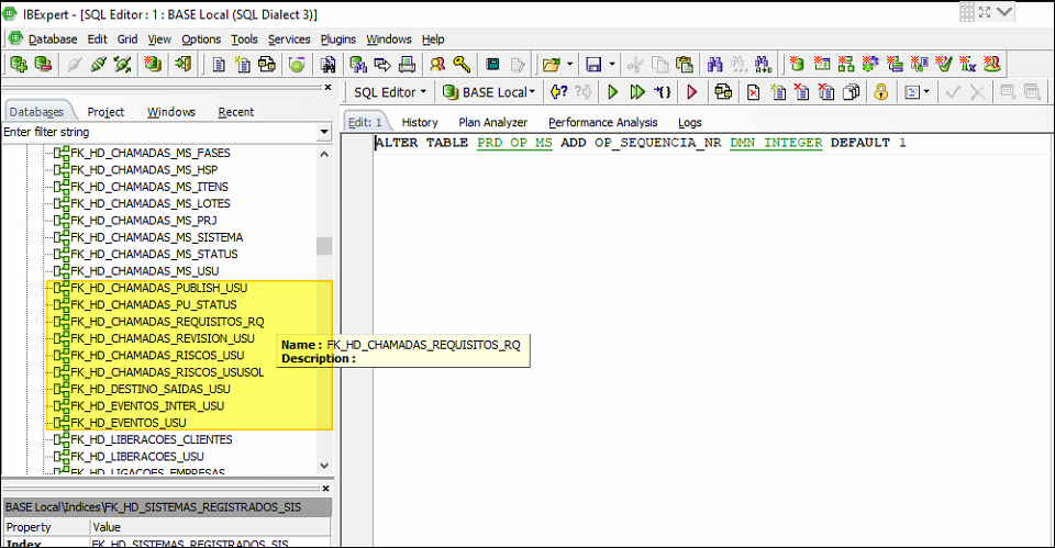 IBExpert com SQL Editor exibindo o comando ALTER TABLE na tabela FK_HD_CHAMADAS_REQUISITOS_RQ, painel esquerdo listando tabelas do banco BASE Local e tooltip com o nome da tabela selecionada