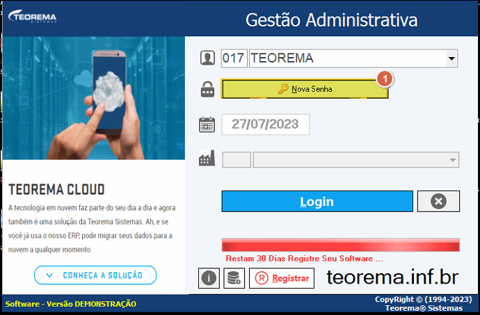 Tela de login do módulo Gestão Administrativa com campo "Nova Senha" destacado em amarelo, empresa 017 TEOREMA selecionada, data 27/07/2023 e botão Login