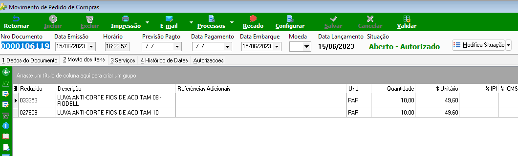 Aba "2 Movto dos Itens" do pedido 0000106119 com dois itens: reduzido 033353 "Luva Anti-Corte Fios de Aço TAM 08 - FIODELL" e 027609 "Luva Anti-Corte Fios de Aço TAM 10", ambos com unidade PAR, quantidade 10,00 e valor unitário 49,60