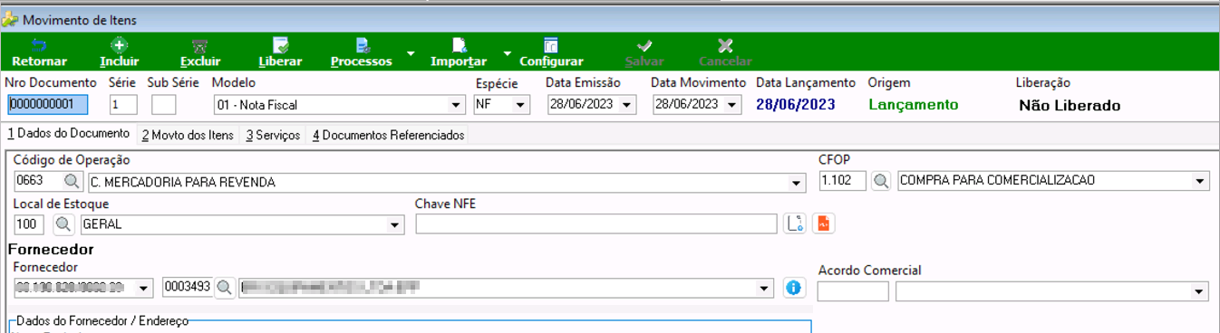 Tela Movimento de Itens com documento nº 0000000001, modelo "01 - Nota Fiscal", espécie NF, data emissão 28/06/2023, data lançamento 28/06/2023, origem "Lançamento", liberação "Não Liberado"; código de operação 0663 "C. Mercadoria para Revenda", CFOP 1.102 "Compra para Comercialização", local de estoque 100 "Geral"