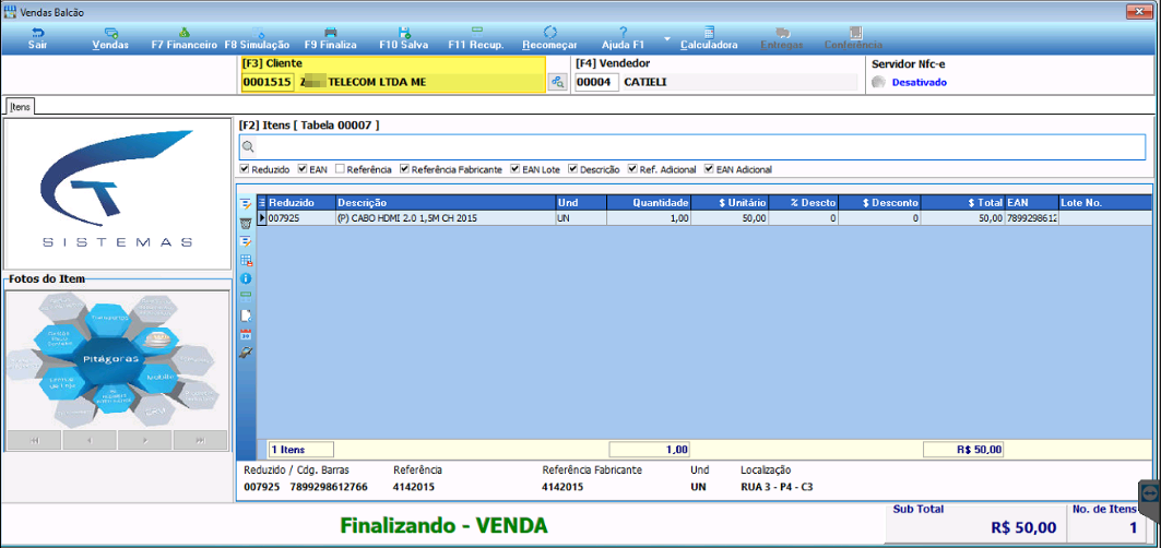 Tela Vendas Balcão com cliente 0001515, vendedor 00004 CATIELI e item 007925 (P) CABO HDMI 2.0 1,5M CH 2015 na quantidade 1, valor unitário R$ 50,00, subtotal R$ 50,00