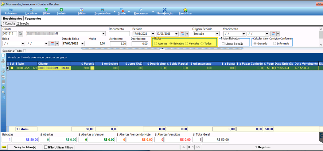 Tela Movimento Financeiro – Contas a Receber com cliente 0001515, filtro de Títulos em Baixadas e título 0000084726-0-1/1 exibindo $ Parcela 50,00 e $ Pago 50,00