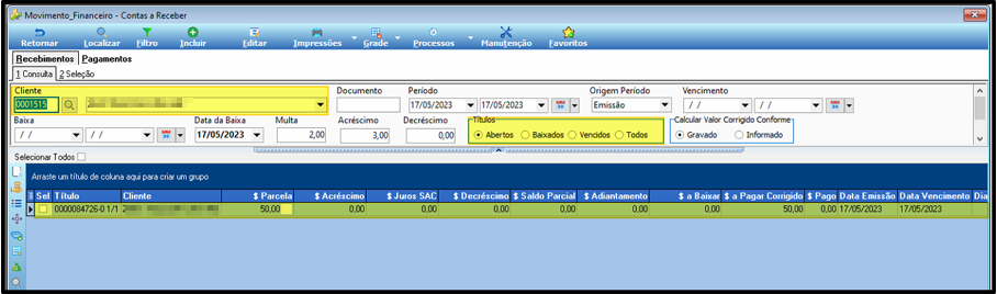 Tela Movimento Financeiro – Contas a Receber com cliente 0001515, filtro Títulos Abertos e título 0000084725-0-1/1 exibindo $ Parcela 50,00 e $ a Pagar Corrigido 50,00 sem data de pagamento