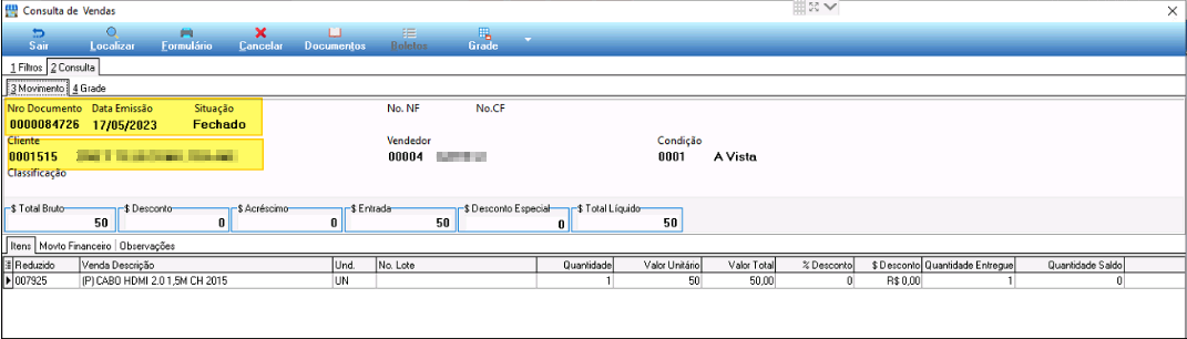 Tela Consulta de Vendas com Nro Documento 0000084726, Data Emissão 17/05/2023, situação Fechado, cliente 0001515, vendedor 00004, condição A Vista, item 007925 (P) CABO HDMI 2.0 1,5M CH 2015 quantidade 1, valor 50,00