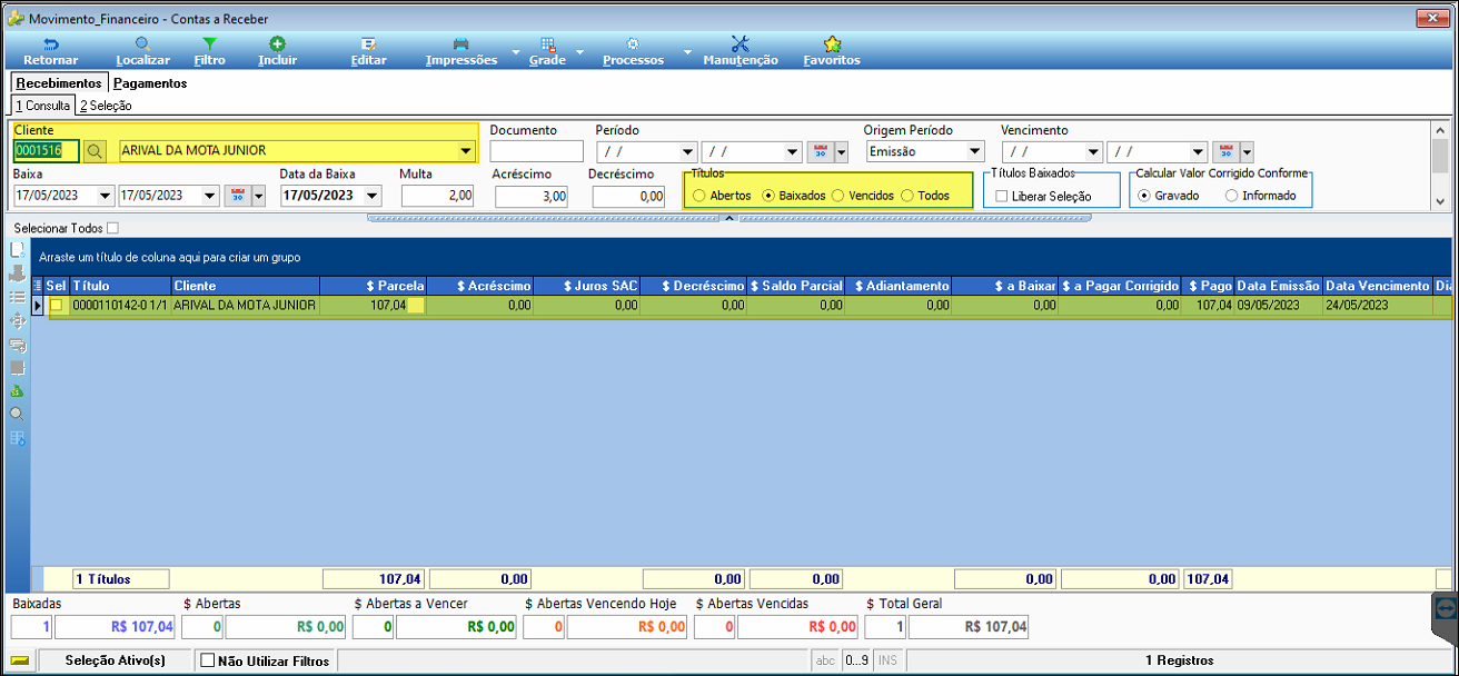 Tela Movimento Financeiro – Contas a Receber com cliente 0001516, filtro Todos e título 0000110142-0-1/1 (ARIVAL DA MOTA JUNIOR) exibindo $ Parcela 107,04 e $ Pago R$ 107,04