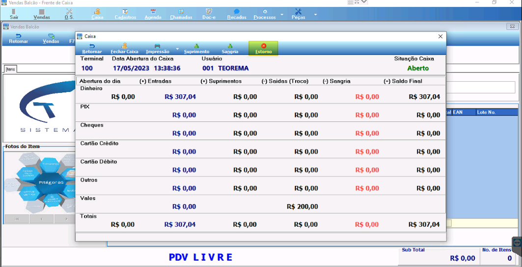 Tela Caixa com Terminal 100, data 17/05/2023 13:38:36, usuário 001 TEOREMA, situação Aberto, Dinheiro (+) Entradas R$ 307,04, Vales R$ 200,00 e botão Estorno na barra de ferramentas