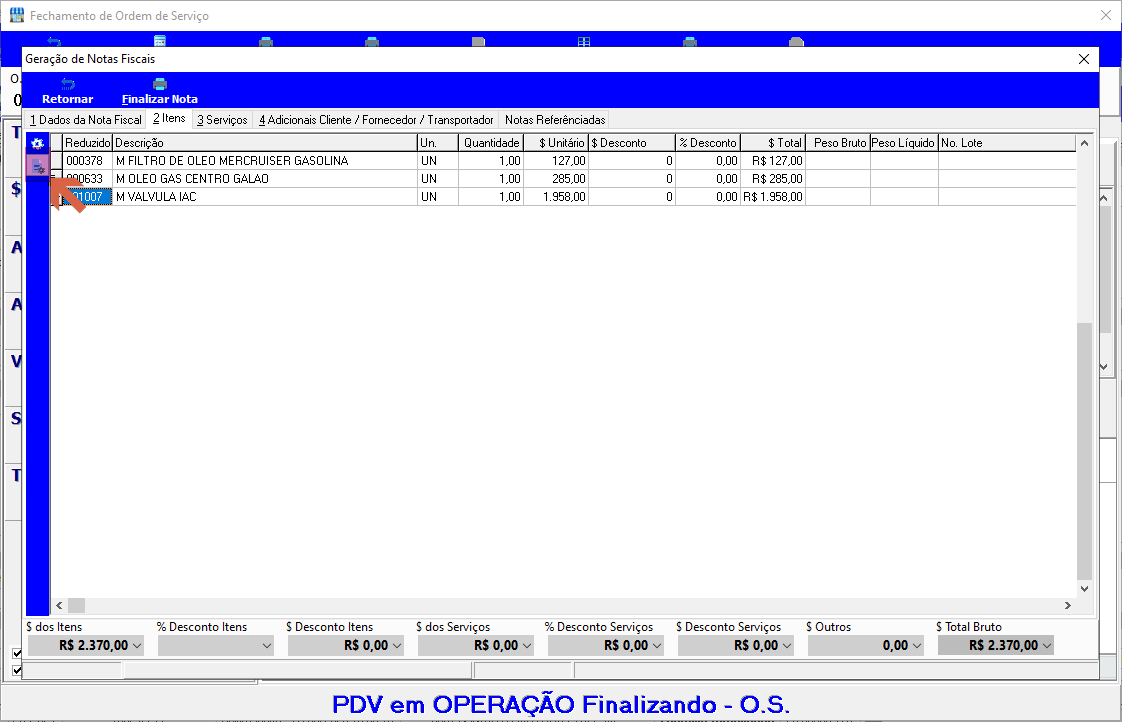 Tela Geração de Notas Fiscais com aba 2 Itens ativa, exibindo lista de itens (código reduzido, descrição, unidade, quantidade, valor unitário, desconto, total) e totalizadores no rodapé: $ dos Itens R$ 2.370,00, % Desconto Itens, $ Desconto Itens R$ 0,00, $ dos Serviços R$ 0,00, $ Total Bruto R$ 2.370,00