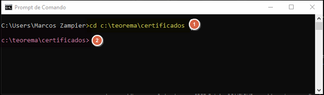 Prompt de Comando exibindo o comando "cd c:\teorema\certificados" digitado e o prompt resultante "c:\teorema\certificados>"