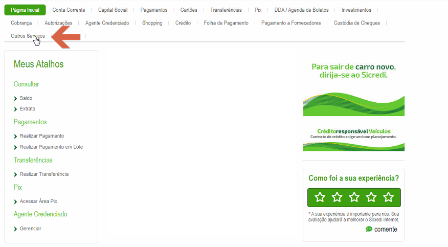 Página inicial do Internet Banking Sicredi com menu de navegação superior (Página Inicial, Conta Corrente, Capital Social, Pagamentos, Cartões, Transferências, Pix, DDA/Agenda de Boletos, Investimentos, Cobrança, Autorizações, Agente Credenciado, Shopping, Crédito, Folha de Pagamento, Pagamento a Fornecedores, Custódia de Cheques) e atalho Outros Serviços indicado por seta