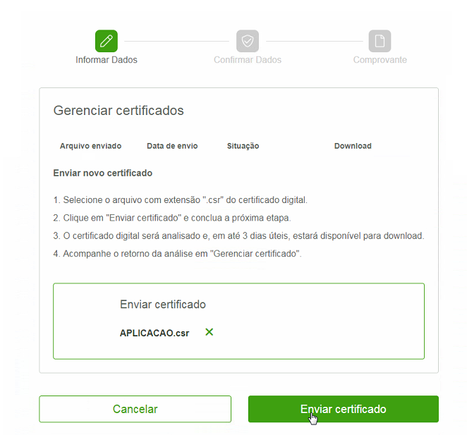 Tela Gerenciar certificados com arquivo APLICACAO.csr listado na área de envio e botão Enviar certificado habilitado