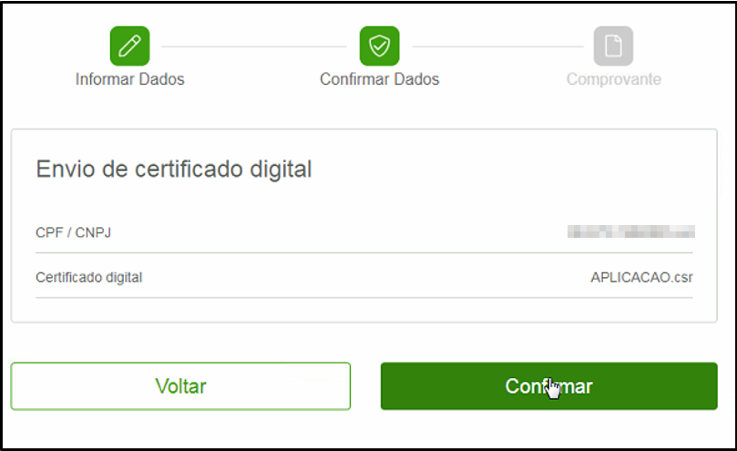 Tela "Envio de certificado digital" do Internet Banking Sicredi com campos CPF/CNPJ (valor mascarado) e Certificado digital (APLICACAO.csr); botões Voltar e Confirmar