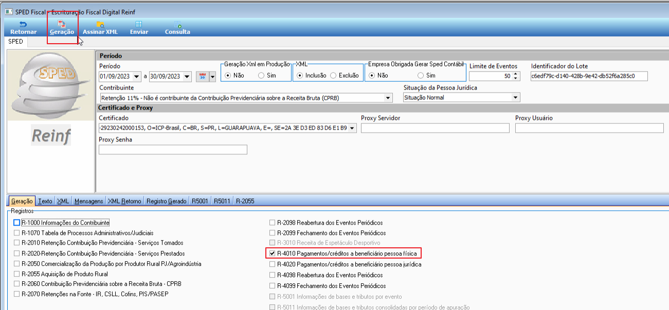 Tela SPED Fiscal — Escrituração Fiscal Digital Reinf, aba Geração com o registro R-4010 Pagamentos/créditos a beneficiário pessoa física marcado; campos Período (01/09/2023 a 30/09/2023), Contribuinte com retenção 11%, Certificado e Proxy preenchidos