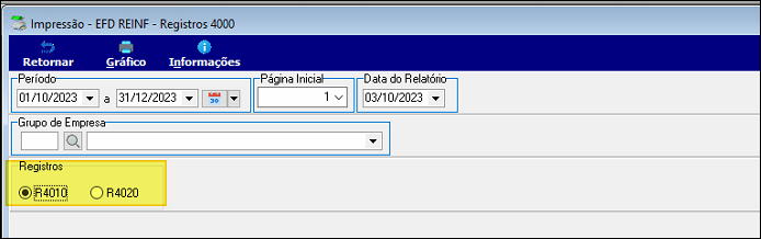Tela Impressão — EFD REINF — Registros 4000 com campos Período (01/10/2023 a 31/12/2023), Página Inicial e Data do Relatório; seção Registros com opções R4010 (selecionado) e R4020