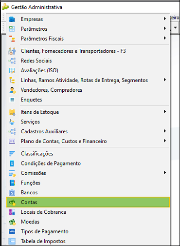 Menu Gestão Administrativa com a opção Contas destacada na lista de cadastros