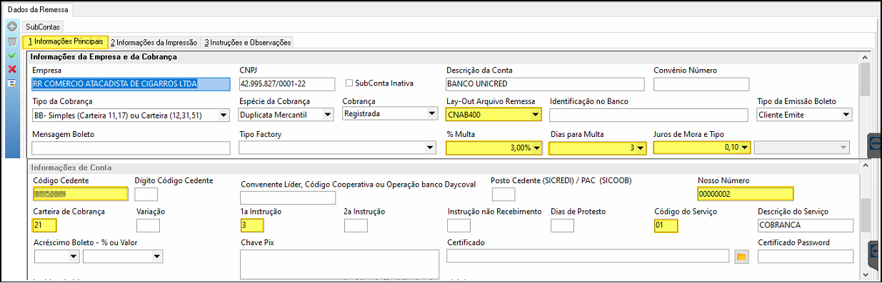 SubConta aba 1 Informações Principais com campos Lay-Out CNAB400, Tipo da Emissão Boleto Cliente Emite, % Multa 3,00%, Dias para Multa 3, Juros de Mora 0,10, Carteira de Cobrança 21, 1a Instrução 3, Código do Serviço 01 e Nosso Número 00000002 preenchidos