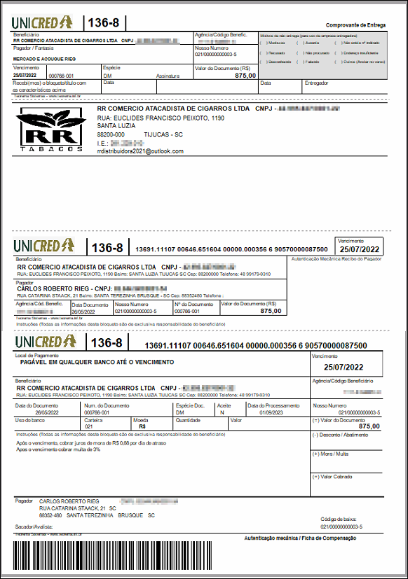 Boleto bancário UNICRED gerado com dados da empresa RR Comercio Atacadista de Cigarros Ltda, sacado Carlos Roberto Rieg, valor R$ 73,00, vencimento 25/07/2022 e instrução de multa de 3% após o vencimento
