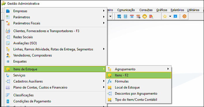 Menu Gestão Administrativa com Itens de Estoque expandido e opção Itens - F2 em destaque