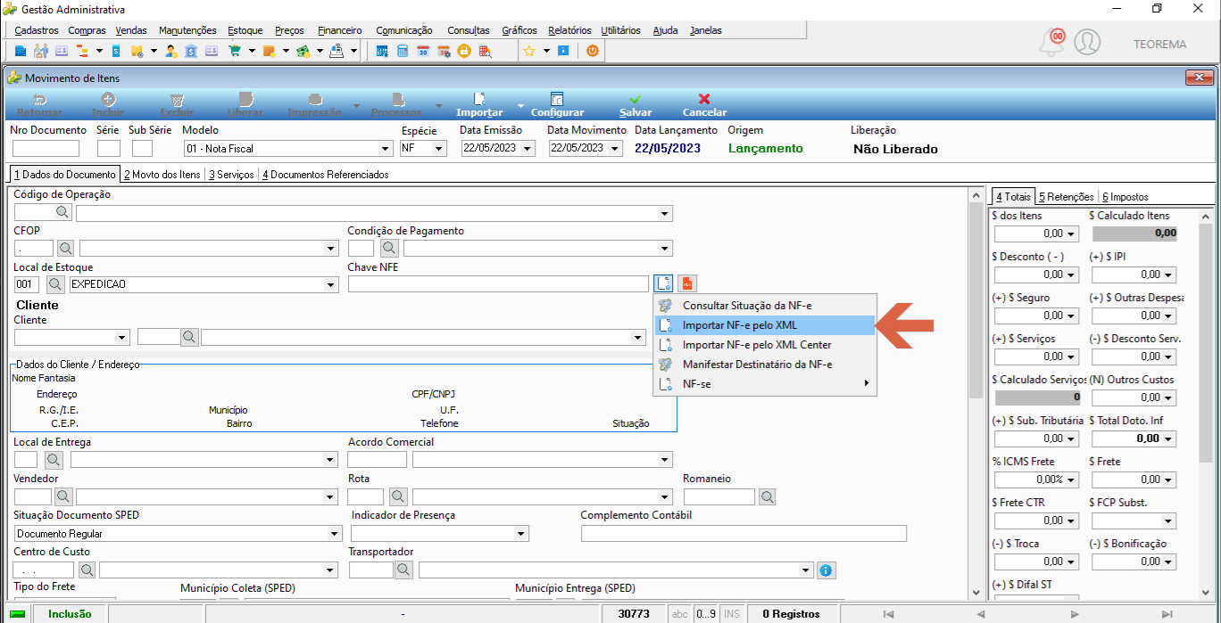 Tela Movimento de Itens com menu de contexto aberto exibindo as opções "Consultar Situação da NF-e", "Importar NF-e pelo XML", "Importar NF-e pelo XML Center", "Manifestar Destinatário da NF-e" e "NF-se"